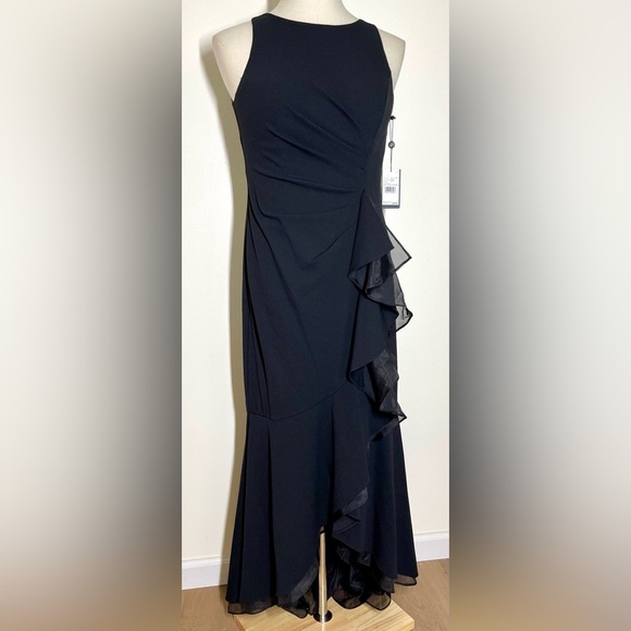 Adrianna Papell | High Low Crepe Halter Gown | Organza Draping | Women’s 10 - Picture 3 of 9